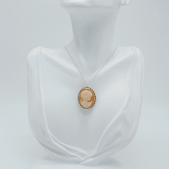 Vintage 14k Carved Shell Cameo Brooch Pendant Necklace - Picture 2 of 9